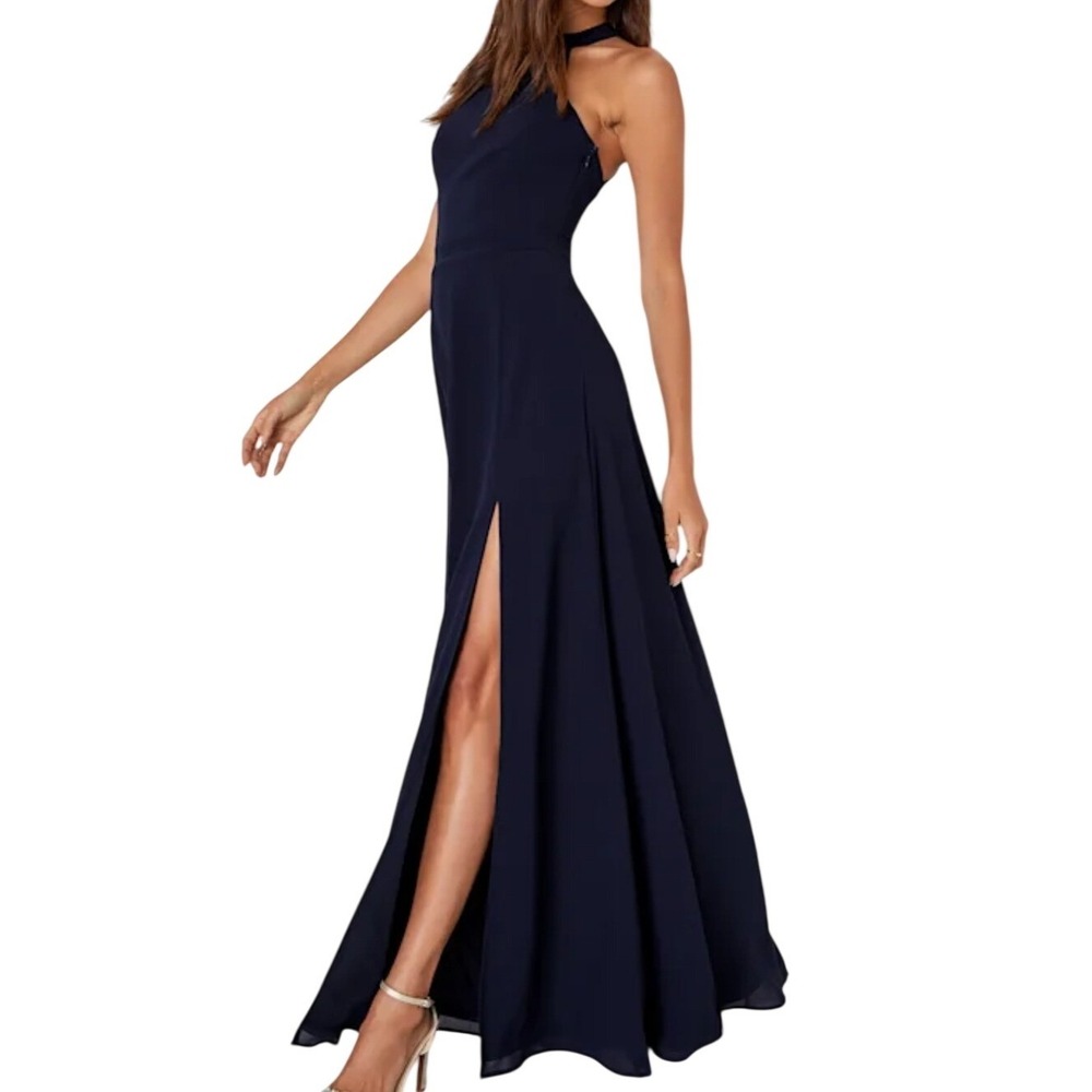 NWT Lulus Confidently Charismatic Navy Blue Backless Halter Maxi Dress L Formal